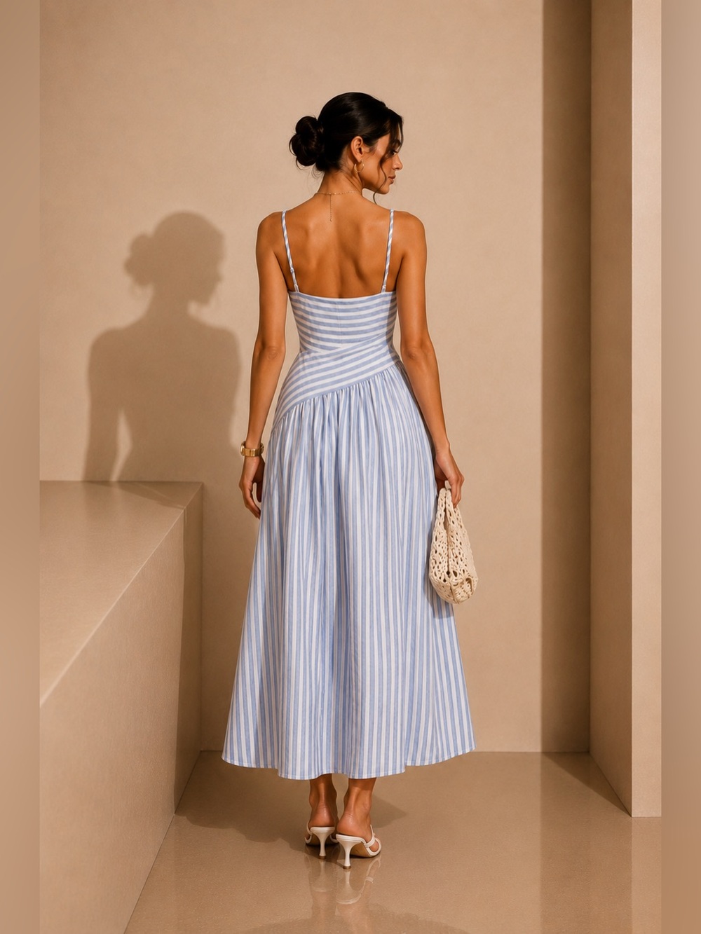 Commense Blue and White Striped One-Shoulder Cutout Midi Dress - Picture 2 of 5